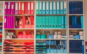 A shelf of books and ring binders of the kind used to file sixth form subject notes