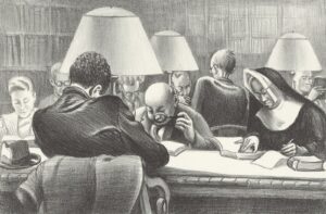 People studying at desks lit by individual lamps in a large library reading room